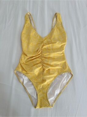 SOLID & STRIPED Yellow Ruched One-Piece Swimsuit with White Check size M